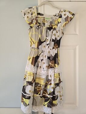 Le Shack Yellow Floral Cotton Dress with Lace Trim